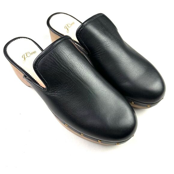 New J. Crew Black Leather Wood Heel Clogs size 7.5 - Picture 3 of 9